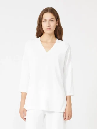 Viscose crepe yarn v-neck jumper, optical white