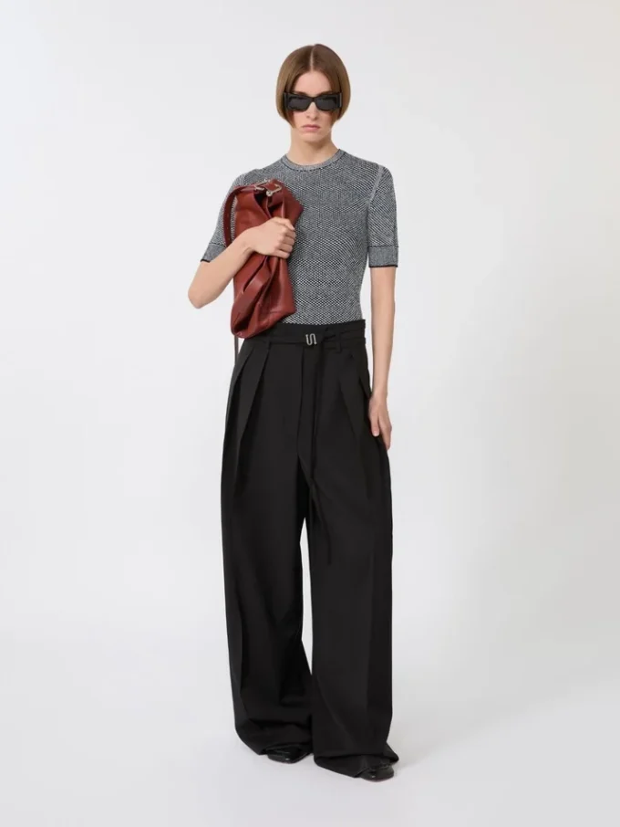 Wide-fit stretch wool trousers, black